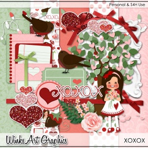 XOXOX Digital Valentine Scrapbook Kit with Clip Art, Papers & Elements