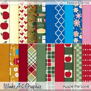 Könnte beinhalten: Ein digitales Papierpaket mit 20 verschiedenen Mustern mit Äpfeln, Herzen, Küchenutensilien, Karos, Punkten und vielem mehr. Der Text "Winks Art Graphics" und "Apple Pie Love" befindet sich am unteren Rand des Bildes.