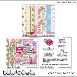 Cyfrowe grafiki clipart z motywem walentynek Tweeties, elementy scrapbookingu i papiery