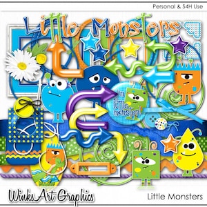 Puede incluir: Un kit de scrapbooking digital con un tema caprichoso que presenta monstruos coloridos, flechas, estrellas y marcos. El kit incluye el texto "Little Monsters" y "I'm a little monster!"