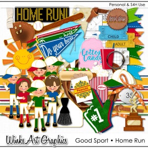 May include: A collection of colourful digital clipart featuring baseball-themed images, including a baseball glove, a bat, a baseball, a sun, a hot dog, a popcorn box, a cotton candy, a pennant, a trophy, a baseball player, and a brush. The text "Home Run" is featured in the image.