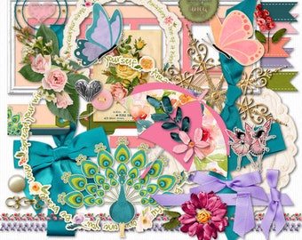 Spring Scrapbook Elements: "Beautiful Spring" Floral Embellishments, Clip Art, Word Art (Digital Download)