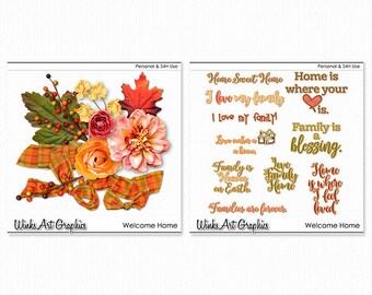 Welcome Home Digital Scrapbook Floral Elements & Word Art