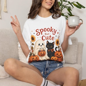 Spooky Halloween T-Shirt, Ghost, Black Cat, Pumpkins (100% Cotton)