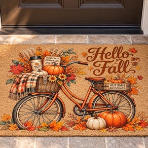 May include: A rectangular tan coir doormat featuring an orange bicycle illustration with a basket filled with pumpkins, a plaid blanket, and a coffee cup. The text reads Hello Fall, Farm Fresh Pumpkins, and Autumn Blessings amidst autumn leaves.