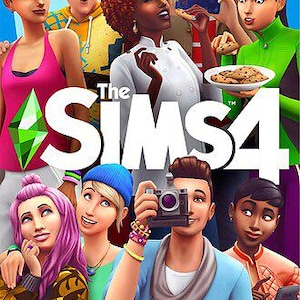 May include: The Sims 4 video game cover art featuring a diverse group of animated characters in colorful clothing. The central text reads The Sims 4 with a green diamond plumbob icon. Characters are shown interacting with cameras, food, and phones.