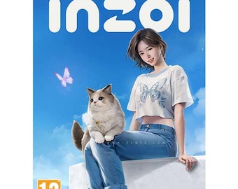 Puede incluir: Una portada de videojuego para PC titulada inZOI que muestra a una persona de pelo castaño corto con una camiseta blanca corta con un gráfico de mariposa azul y vaqueros azules, sentada junto a un gato esponjoso bajo un cielo azul brillante.