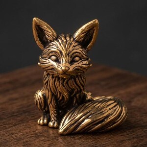May include: A small, detailed brass fox figurine. The fox is sitting with its tail curled to the side. The figurine has intricate details, including textured fur and pointed ears. The fox is a warm, golden color.