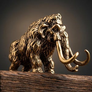 May include: A detailed, golden-colored figurine of a woolly mammoth. The sculpture features intricate details of the animal's fur, tusks, and trunk. The figurine is displayed on a dark wooden block, with a dark background.