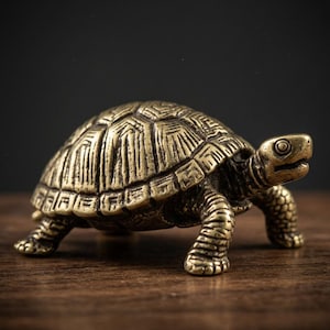 May include: A detailed brass turtle figurine with a textured shell and detailed legs. The turtle is posed on a wooden surface, with a dark background. The figurine is a decorative item.