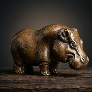 May include: A bronze hippo figurine with a detailed, textured surface. The sculpture is posed in a standing position, with its head slightly turned. The hippo is set against a dark background, resting on a wooden surface.