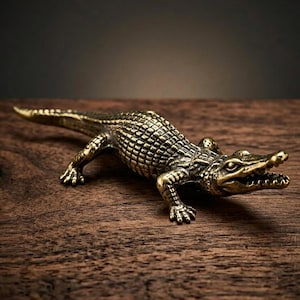 Könnte beinhalten: Eine detaillierte Alligatorfigur aus Messing mit offenem Maul, strukturierten Schuppen und vier Beinen. Die Skulptur steht auf einer Holzoberfläche und zeigt ihr kompliziertes Design und ihren metallischen Glanz. Der Alligator ist ein dekoratives Objekt.