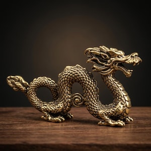 May include: A detailed brass dragon figurine with a textured, scaled body and open mouth. The dragon is posed on a wooden surface, showcasing its intricate design and golden colour. The figurine is a decorative item.