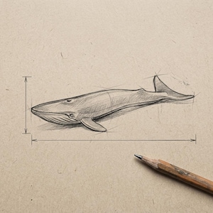 May include: A pencil sketch of a whale, drawn in a realistic style. The whale is depicted in profile, with its body and fins outlined. The drawing includes dimension lines, suggesting measurements. The background is a textured, tan paper.
