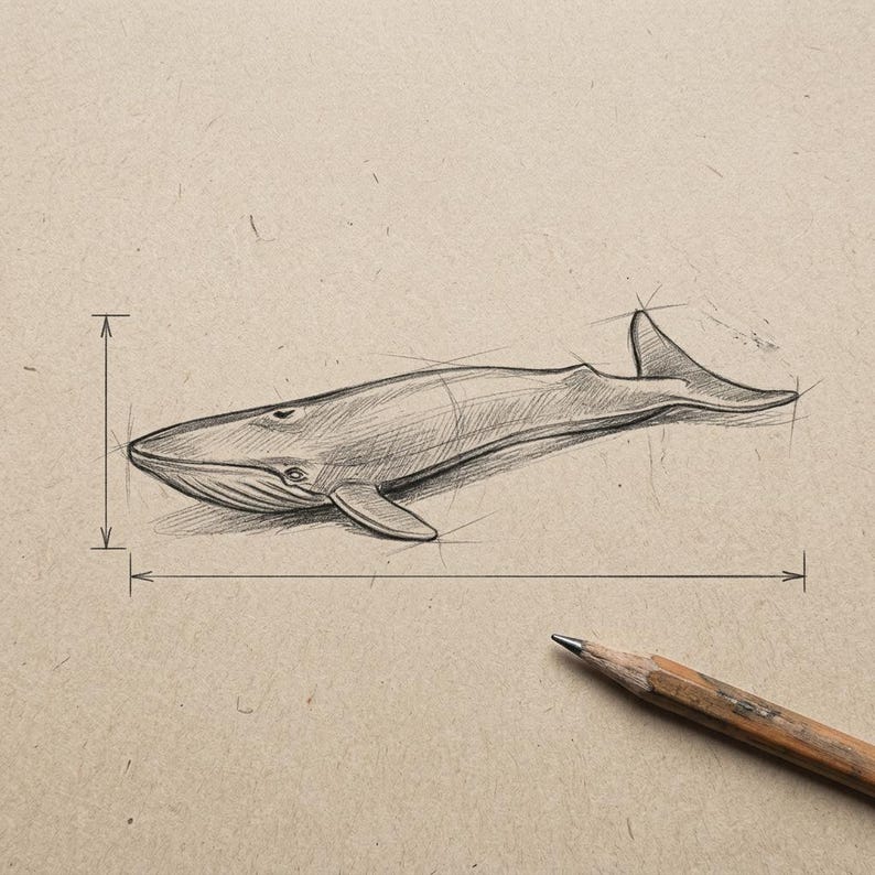 May include: A pencil sketch of a whale, drawn in a realistic style. The whale is depicted in profile, with its body and fins outlined. The drawing includes dimension lines, suggesting measurements. The background is a textured, tan paper.
