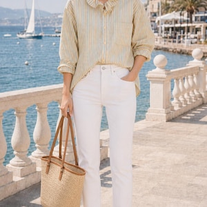 CHAPS Yellow Navy Striped Ruffle Collar Blouse, M