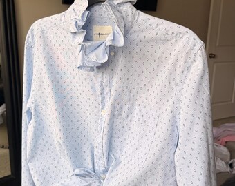 ReLoved Upcycled Ruffle Collar Button Down Shirt, Preppy Women’s Blouse, Unique Statement Shirt