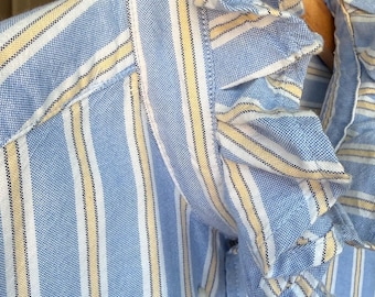 Upcycled Blue Stripe Ruffle Collar Blouse | Cottagecore Button-Up Top, Sustainable Fashion