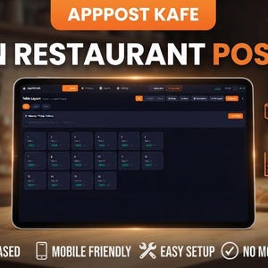 May include: A tablet displaying the AppPOS Kafe restaurant POS system interface. Text includes MODERN RESTAURANT POS SYSTEM, TABLE LAYOUT, STOCK TRACKING, ORDER & PANG, REPORTS & ANALYTICS, WEB-BASED, MOBILE FRIENDLY, EASY SETUP, NO MONTHLY FEES, LIFETIME LICENSE.