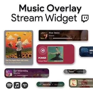 Puede incluir: Un widget de transmisión de música digital que muestra varias interfaces de reproductor rectangulares con portadas de álbumes, títulos de canciones, nombres de artistas y barras de progreso. El texto Music Overlay Stream Widget está arriba.