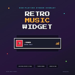 以下が含まれることがあります： ピクセル化された白とオレンジのテキストで「Retro Music Widget」と書かれたデジタルストリームオーバーレイ。カニエ・ウェストの楽曲「Power」を表示する暗い長方形の音楽プレーヤー、赤いアルバムアート、再生アイコン、黄色のオーディオバーグラフが特徴です。