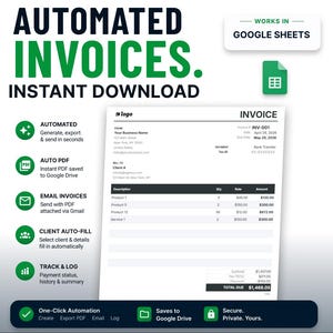 May include: An image promoting automated invoices with the text "AUTOMATED INVOICES. INSTANT DOWNLOAD" in green and black. The image includes a sample invoice, icons for features like automated generation, auto PDF, email invoices, and client auto-fill, and the text "WORKS IN GOOGLE SHEETS."