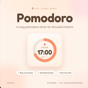 May include: A digital Pomodoro timer widget for streams with a soft peach background. The interface displays the text Pomodoro, Focus, and 17:00 inside a circular progress bar. Features include ring and bar layouts, a soft pastel color palette.