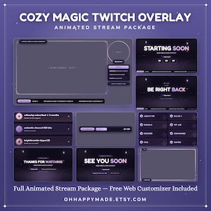 May include: A purple-themed animated stream package titled Cozy Magic Twitch Overlay. It includes various screen layouts, chat boxes, alert bars, and button panels with text like Starting Soon, Be Right Back, and Thanks for Watching.