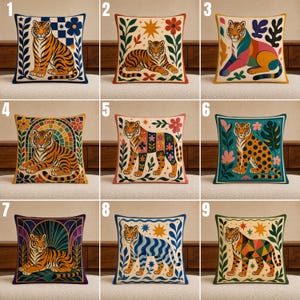 Colorful Tiger Pillow Cover, Geometric Folk Art Cushion Cover, Maximalist Dopamine Decor, Patchwork Mosaic Tiger Accent, Eclectic Home Decor