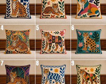 Colorful Tiger Pillow Cover, Geometric Folk Art Cushion Cover, Maximalist Dopamine Decor, Patchwork Mosaic Tiger Accent, Eclectic Home Decor