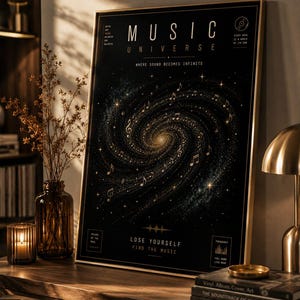 Peut inclure: Une affiche noire encadrée avec des lettres et des accents dorés. L'affiche indique "MUSIC UNIVERSE" et présente un motif de galaxie en spirale avec des notes de musique. Le texte "LOSE YOURSELF FIND THE MUSIC" est en bas. L'affiche est sur une surface en bois.