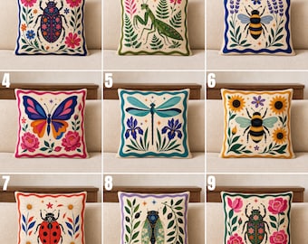 Colorful Insect Pillow Cover, Folk Art Cushion, Bee, Butterfly, Dragonfly & Beetle Decor, Cottagecore Garden, Maximalist Dopamine Home Decor