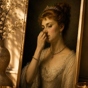 Peut inclure: Portrait encadré d'une femme aux cheveux roux, portant une tiare, un collier et un bracelet dorés. Elle est vêtue d'une robe crème. Le portrait est posé contre un mur. Une bougie et un vase sont visibles.