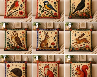 Woodland Pillow Cover, Forest Animal Throw Pillow, Folk Art Cushion Cover, Cottagecore Decor, Rustic Woodland Home Decor Gift