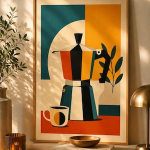 Peut inclure: Une affiche encadrée représentant une illustration géométrique d'une cafetière italienne et d'une tasse. L'œuvre utilise des couleurs vives comme le bleu sarcelle, l'orange et le noir, avec un style minimaliste. L'impression est affichée sur une surface en bois.