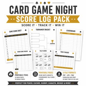May include: A printable card game night score log pack featuring white sheets with black text and gold accents. Includes a game score sheet, tournament bracket, leaderboard, round score tracker, tally cards, and trick tracker with card suit icons.