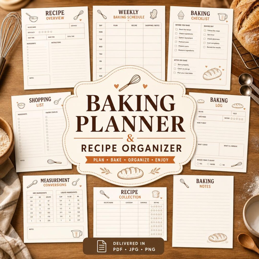 Baking Planner Printable, Recipe Organizer, Log, Schedule (PDF, JPG ...