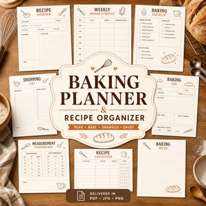 Puede incluir: Un planificador de horneado y organizador de recetas con varias páginas de planificación. Incluye una descripción general de la receta, un calendario semanal de horneado, una lista de compras, una lista de verificación de horneado, un registro de horneado, conversiones de medidas, una colección de recetas y notas de horneado.