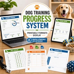 May include: A dog training progress system with printable formats. The image shows a laptop, tablet, and several printed sheets with training trackers and plans. A golden retriever dog is in the background. The system includes skill and behavior trackers.