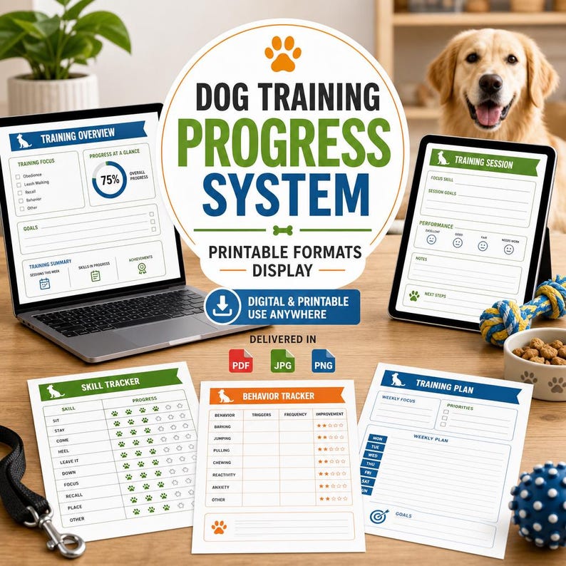 May include: A dog training progress system with printable formats. The image shows a laptop, tablet, and several printed sheets with training trackers and plans. A golden retriever dog is in the background. The system includes skill and behavior trackers.