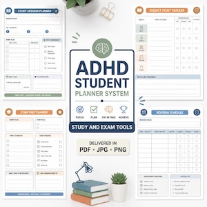 May include: ADHD student planner system with study and exam tools. Includes a study session planner, subject study tracker, exam prep planner, and revision schedule. Delivered in PDF, JPG, and PNG formats. Features a brain graphic and the words "Focus, Plan, Stay on Track, Achieve."
