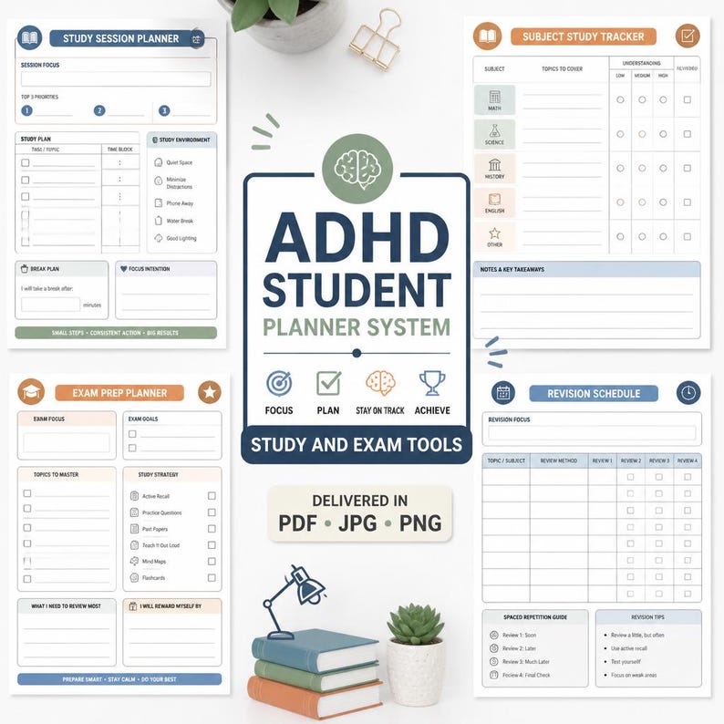 May include: ADHD student planner system with study and exam tools. Includes a study session planner, subject study tracker, exam prep planner, and revision schedule. Delivered in PDF, JPG, and PNG formats. Features a brain graphic and the words "Focus, Plan, Stay on Track, Achieve."