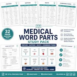 Puede incluir: Un paquete de estudio de 32 páginas sobre terminología médica con tablas imprimibles de prefijos, sufijos, raíces y formas combinadas. Incluye un cuestionario, una hoja de resumen y tarjetas visuales para estudiantes de salud.