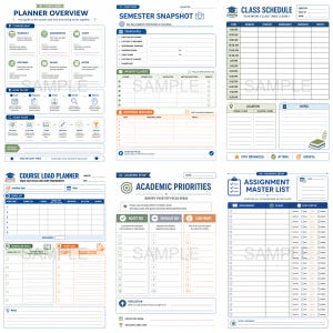 May include: A multi-page planner with sections for semester snapshots, class schedules, and assignment tracking. The pages feature headings like "Planner Overview," "Academic Priorities," and "Course Load Planner," with space for notes and lists. The design is clean with blue and green accents.