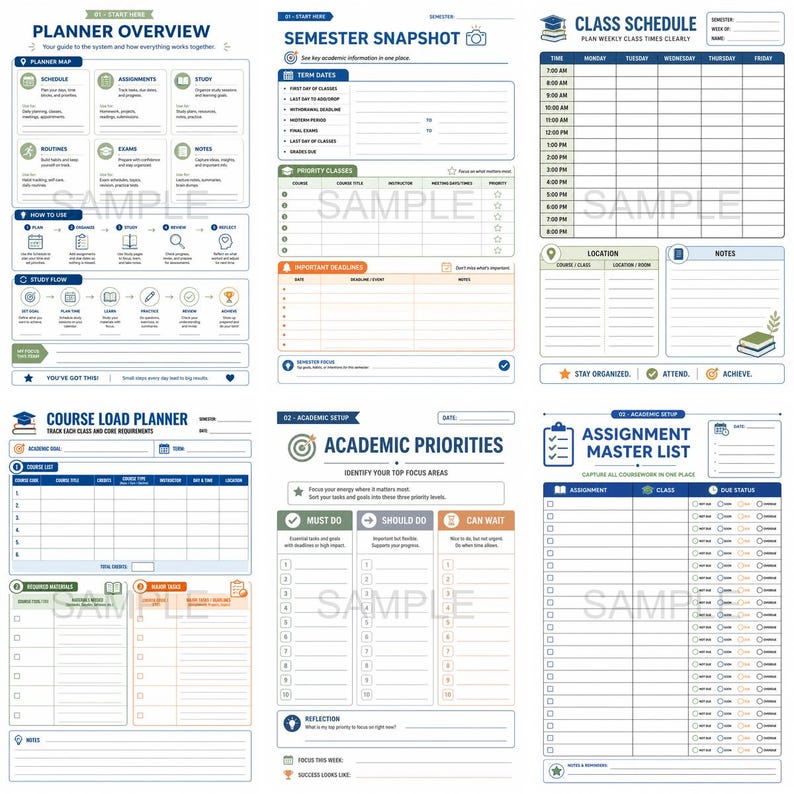 May include: A multi-page planner with sections for semester snapshots, class schedules, and assignment tracking. The pages feature headings like "Planner Overview," "Academic Priorities," and "Course Load Planner," with space for notes and lists. The design is clean with blue and green accents.