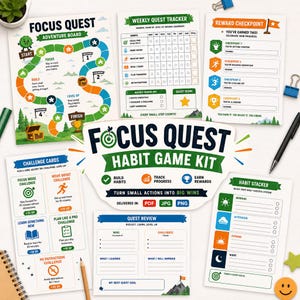 以下が含まれることがあります： さまざまなカードとトラッカーを備えた Focus Quest Habit Game Kit。キットには、アドベンチャーボード、ウィークリークエストトラッカー、報酬チェックポイント、チャレンジカードが含まれています。デザインは、緑、青、オレンジ、黄色の色を使用しています。