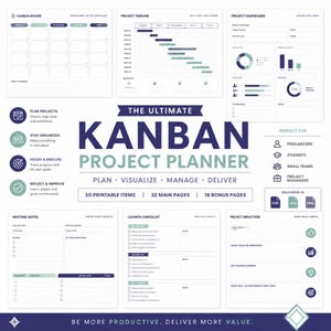May include: A digital project planner set titled The Ultimate Kanban Project Planner, featuring templates for a Kanban board, project timeline, dashboard, meeting notes, launch checklist, and project reflection, with 50 printable items in total.