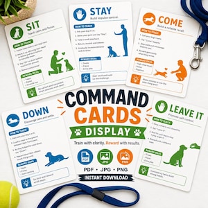 May include: A set of white command cards with instructions for dog training, featuring illustrations and text. The cards cover commands like "Sit," "Stay," and "Come." The cards are displayed with a blue leash and a tennis ball.