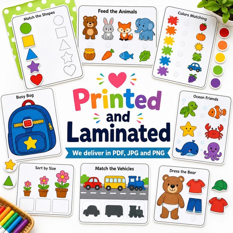 May include: A set of laminated educational cards for children, featuring colourful illustrations and activities. The cards include matching shapes, colours, animals, vehicles, and dressing a bear. The text "Printed and Laminated" is displayed prominently.