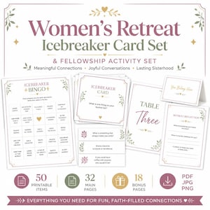 May include: A printable activity set titled Women's Retreat Icebreaker Card Set & Fellowship Activity Set. Includes an Icebreaker Bingo sheet, individual icebreaker cards, a Table Three sign, a You Belong Here card, and a Retreat Reflection sheet.